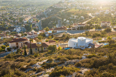 High angle view of townscape and trees