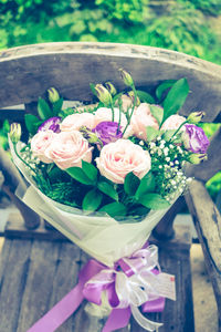 High angle view of rose bouquet on table