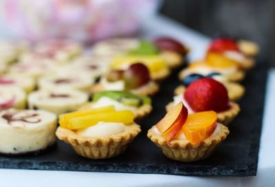 Close-up of dessert arranged on table