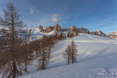 Breathtaking winter panorama of rocchetta dolomite ridge at sunset, selva di cadore, italy