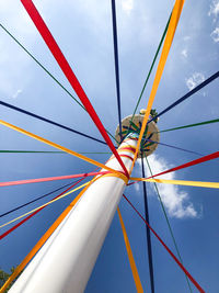 Low angle view of chain swing ride against sky