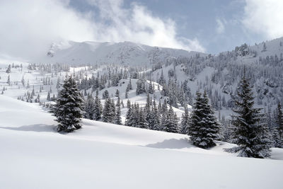 Scenic view of snow covered mountains against sky