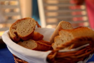 Close-up of breads in basket on table