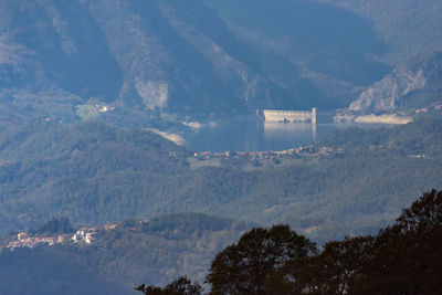 High angle view of trees and buildings in forest