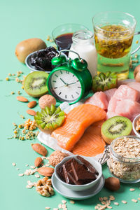 High angle view of fruits in glass on table