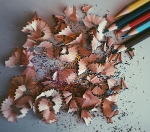 High angle view of pencil shavings on table