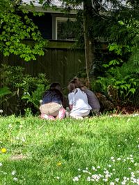 Rear view of woman sitting on grassy field