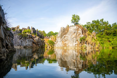 Reflection of rocks in lake against sky