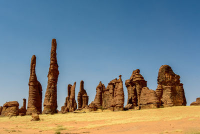 Panoramic view of rock formations against clear blue sky