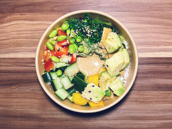 High angle view of food in bowl on table