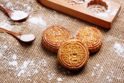 High angle view of cookies on table