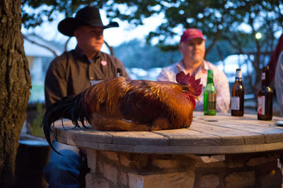 People sitting at table with rooster