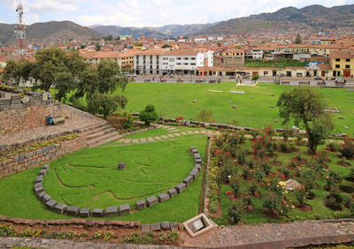 High angle view of buildings in city