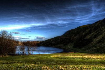 Scenic view of lake against cloudy sky