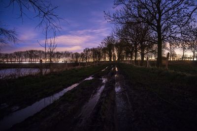 Bare trees by river against sky during sunset