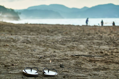 Close-up of samdal  on beach with people standing