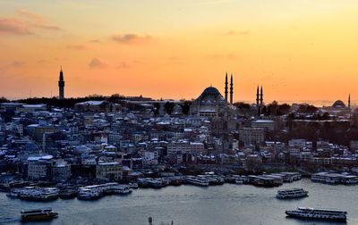 High angle view of city at sunset