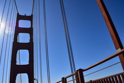 Low angle view of suspension bridge against clear blue sky