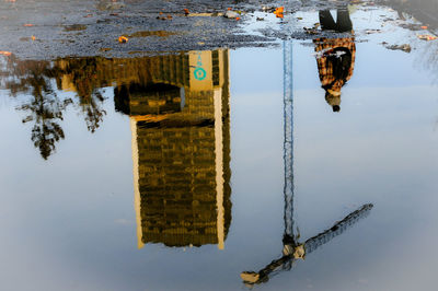 Reflection of built structure in puddle