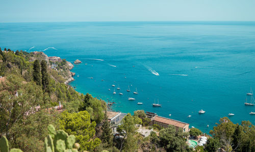 High view of turquoise mediterranean sea in taormina, sicily, italy during a summer day