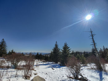 Snow covered land against blue sky