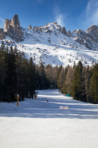 Blue, red and black ski slopes in vigo di fassa, italian dolomites in south tyrol