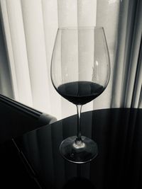 Close-up of wine glass on table at home