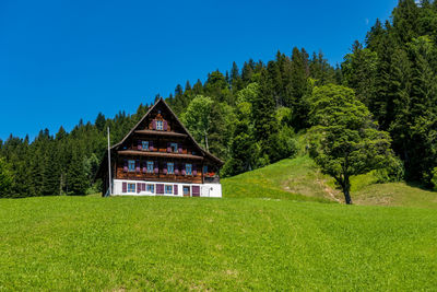 House amidst trees on field against sky