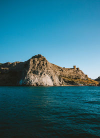 Scenic view of sea against clear blue sky