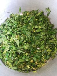 High angle view of chopped vegetables on table