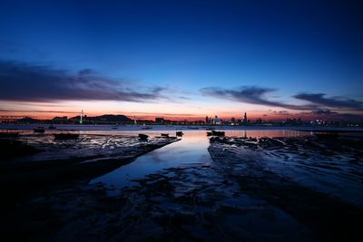 Scenic view of river against sky at sunset