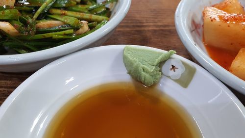 High angle view of soup in bowl