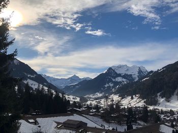 Scenic view of mountains against sky during winter