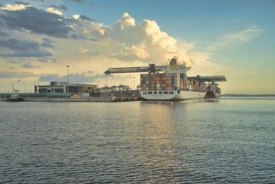 Cargo ship with a scenic view of sea against sky