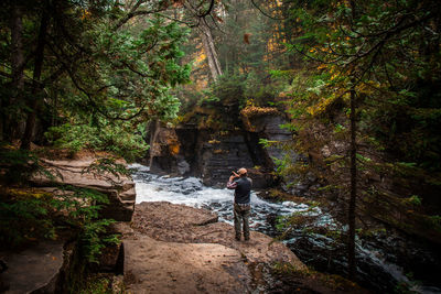 Rear view of man standing by stream in forest