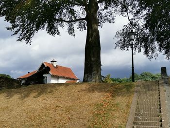 Houses and trees on field against sky