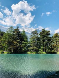 Scenic view of lake in forest against sky