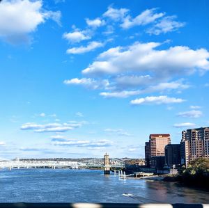 Scenic view of sea against sky in city