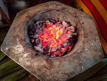 High angle view of food on barbecue grill