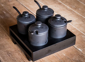 High angle view of containers on table