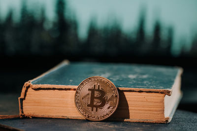 Close-up of old books on table