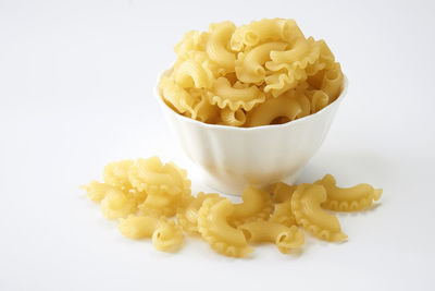 Close-up of pasta in bowl against white background