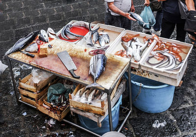 High angle view of people standing by fishes for sale at market stall
