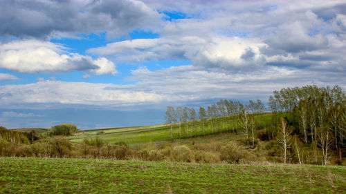 Scenic view of field against cloudy sky