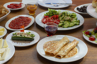 High angle view of breakfast served on table