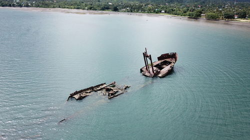 High angle view of crab on boat in sea