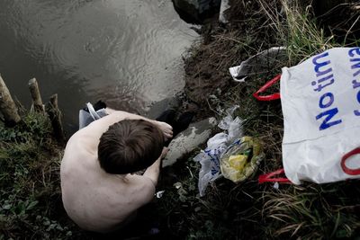 High angle view of people on shore