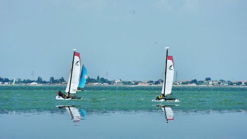 Sailboat racing in sea against clear blue sky