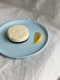 High angle view of dessert in plate on table