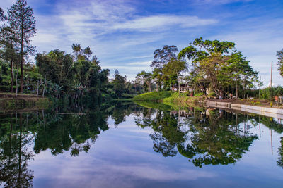Reflection of trees in lake against sky